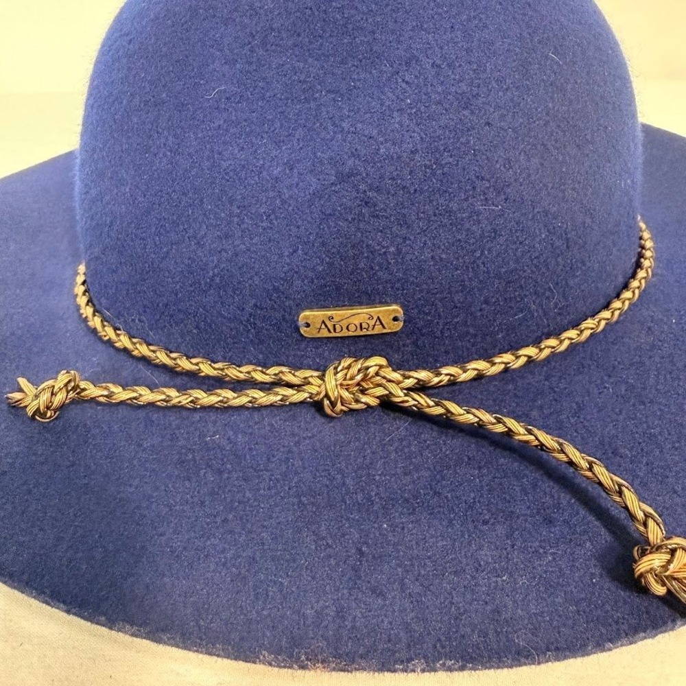 Adora Womens Blue 100% Wool Felt Wide Brim Floppy Hat Braided Band Western - Picture 2 of 10